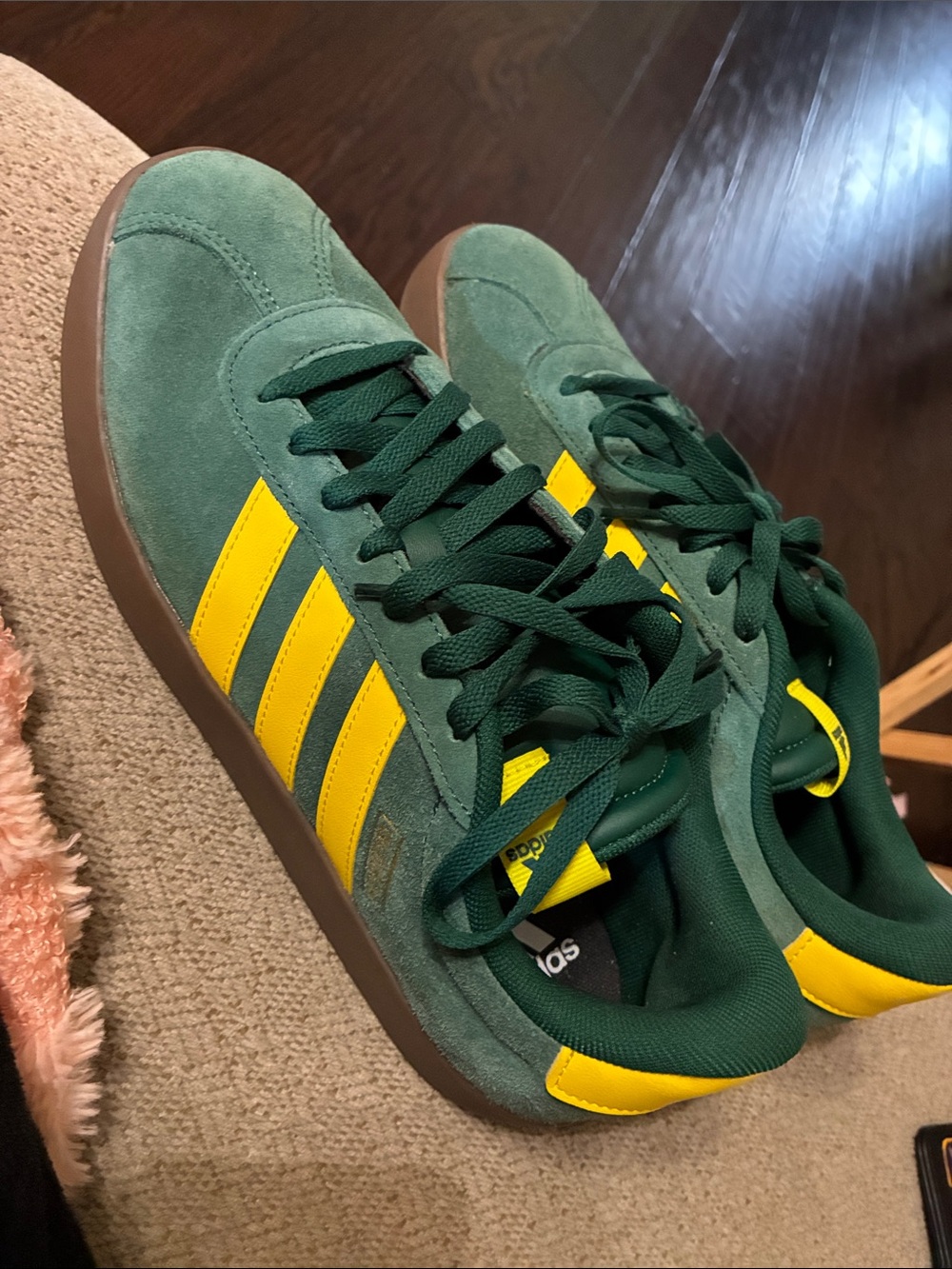 adidas Green Suede Sneakers with Yellow Stripes and Gum Sole